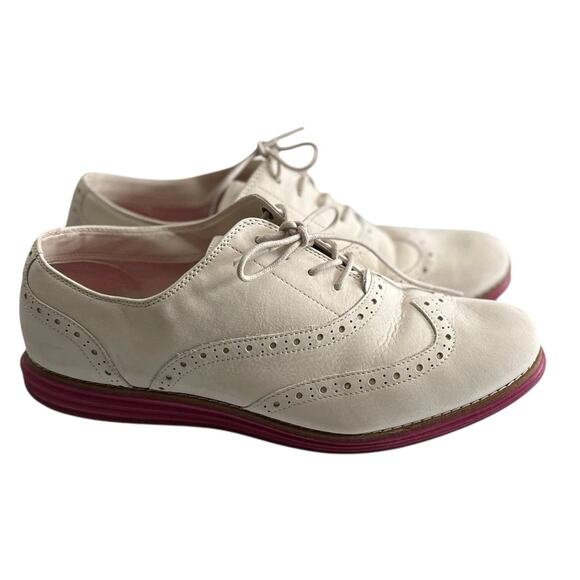Cole Haan ZeroGrand Oxford Shoes Women 10 White Suede Pink Sole Lace Up Wingtip - Picture 4 of 12